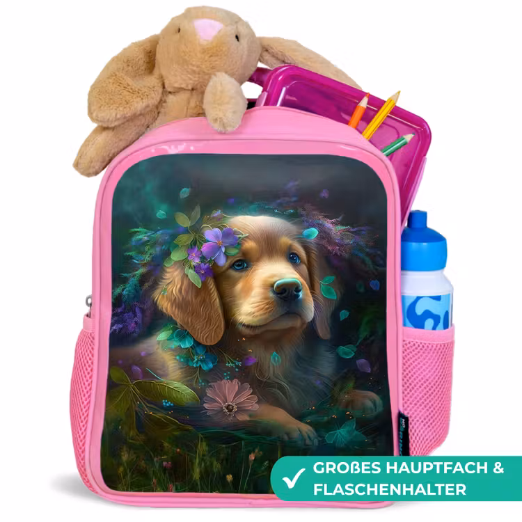 Hond - Puppy - Bloemen - Natuur - Golden retriever Kinderrugzak - Roze middel -inhoud_DE