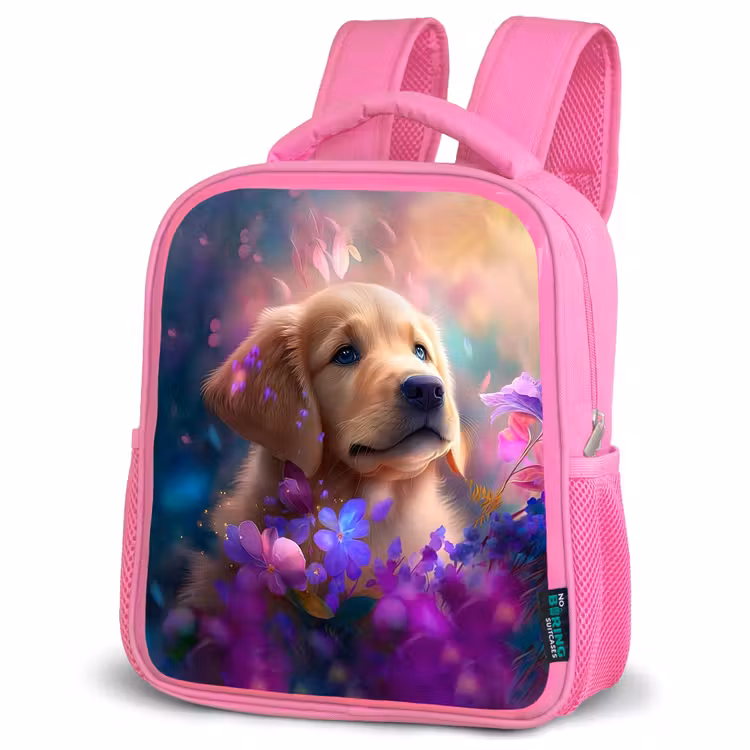 Hond - Puppy - Zon - Bloemen - Golden retriever Kinderrugzak - Roze middel -schuin