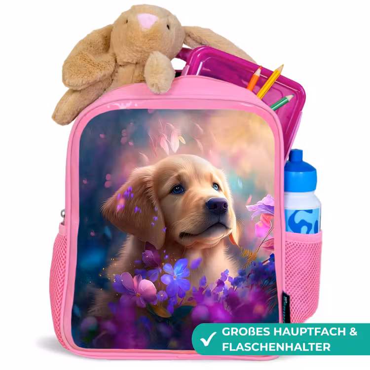 Hond - Puppy - Zon - Bloemen - Golden retriever Kinderrugzak - Roze middel -inhoud_DE