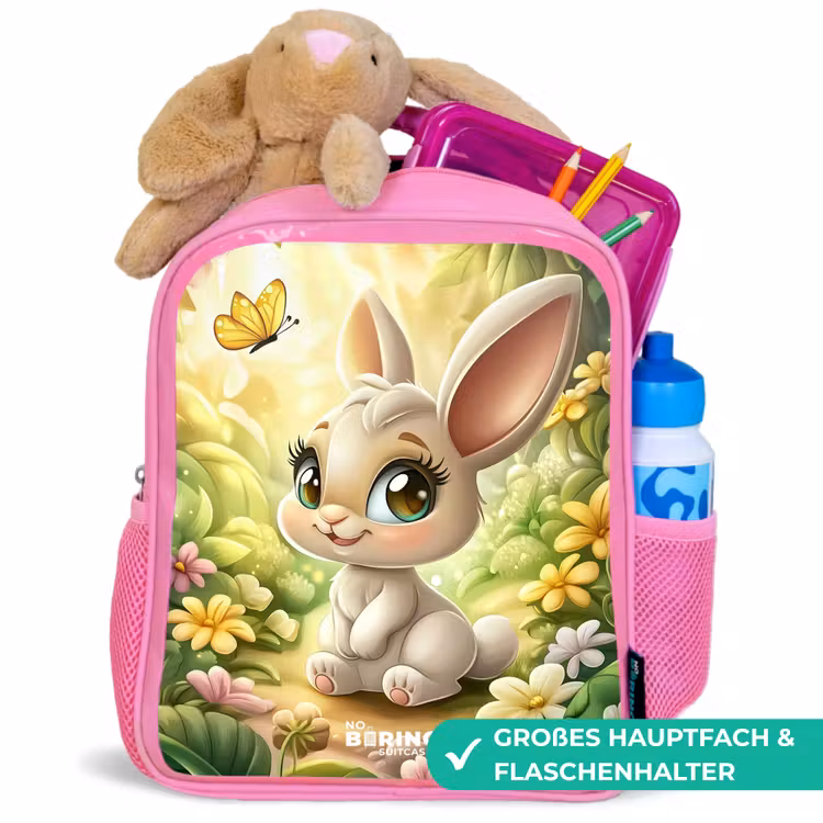 Konijn - Zonlicht - Sprookjesachtig - Vlinder Kinderrugzak - Roze middel -inhoud_DE