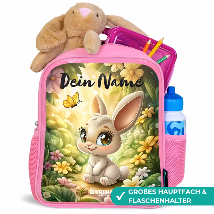 Konijn - Zonlicht - Sprookjesachtig - Vlinder Kinderrugzak - Roze middel -inhoud_DE