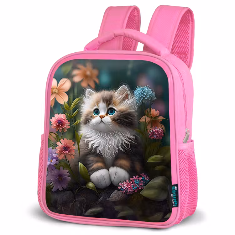Kitten - Illustratie - Bloemen - Natuur - Kat Kinderrugzak - Roze middel -schuin