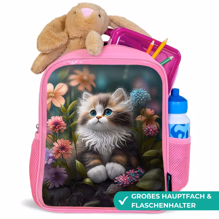 Kitten - Illustratie - Bloemen - Natuur - Kat Kinderrugzak - Roze middel -inhoud_DE