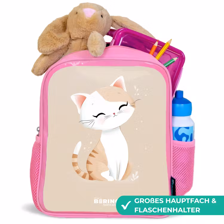 Kitten in de kleuren beige en wit Kinderrugzak - Roze middel -inhoud_DE