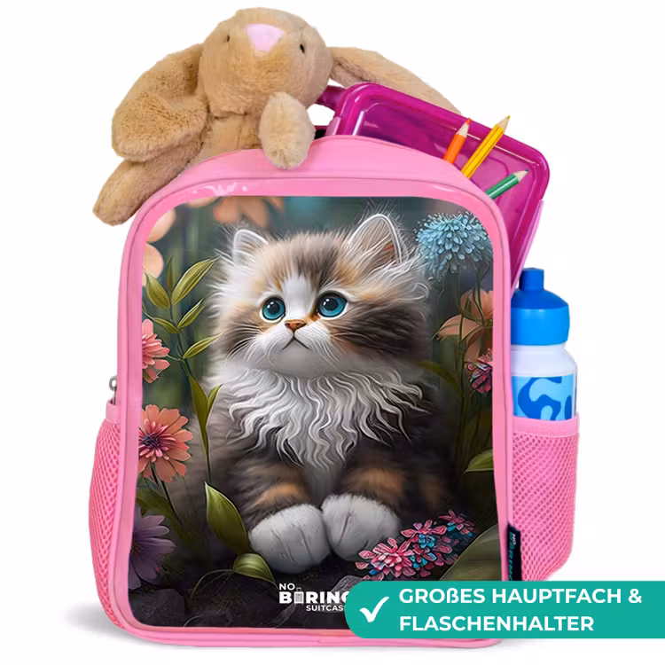 Kitten tussen bloemen Kinderrugzak - Roze middel -inhoud_DE