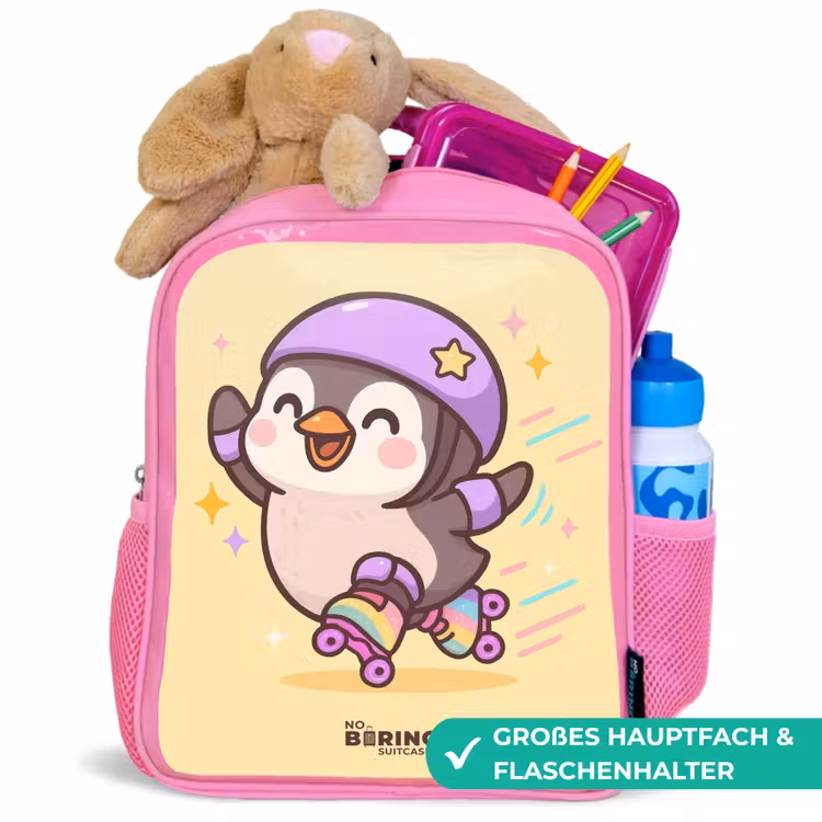 Kawai - Pinguin - Rolschaatsen Kinderrugzak - Roze middel -inhoud_DE