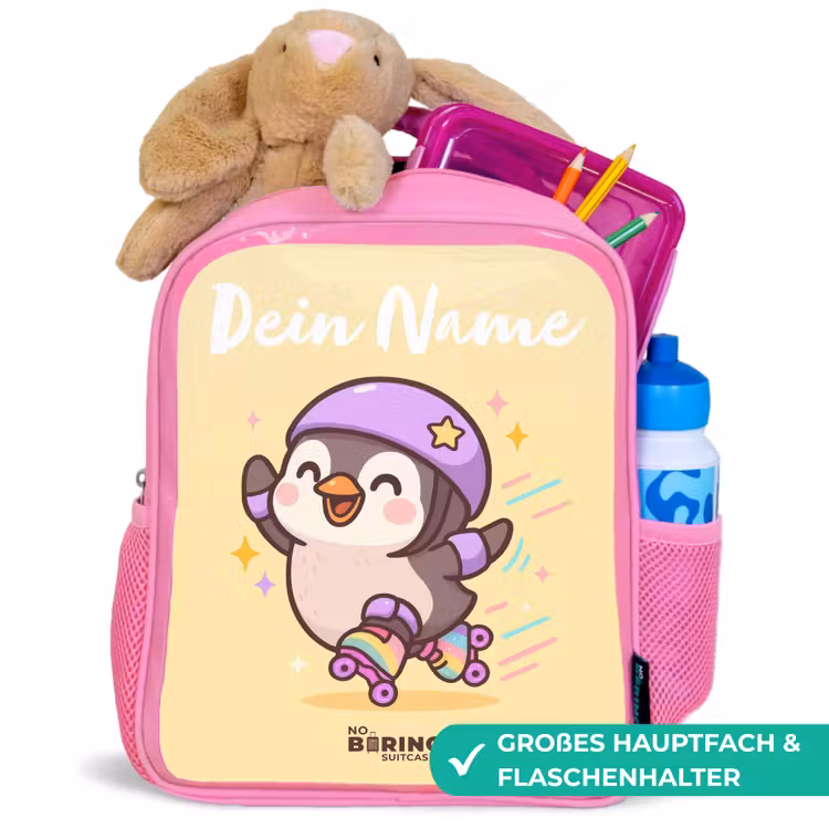 Kawai - Pinguin - Rolschaatsen Kinderrugzak - Roze middel -inhoud_DE
