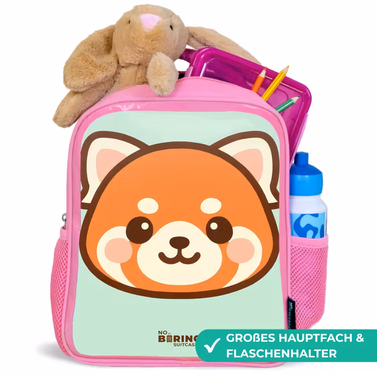 Kawai - Rode panda - Groen Kinderrugzak - Roze middel -inhoud_DE