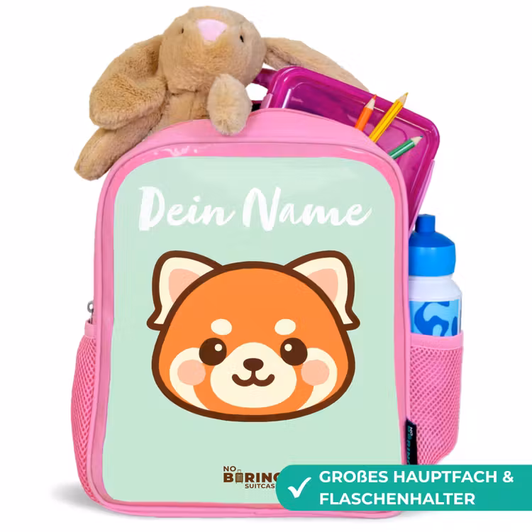 Kawai - Rode panda - Groen Kinderrugzak - Roze middel -inhoud_DE