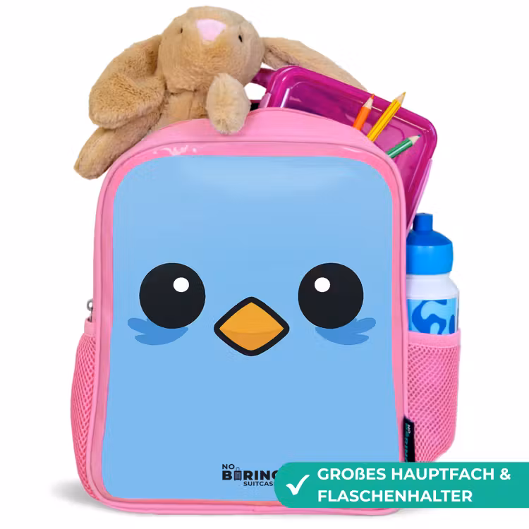 Kawai - Vogel - Blauw Kinderrugzak - Roze middel -inhoud_DE