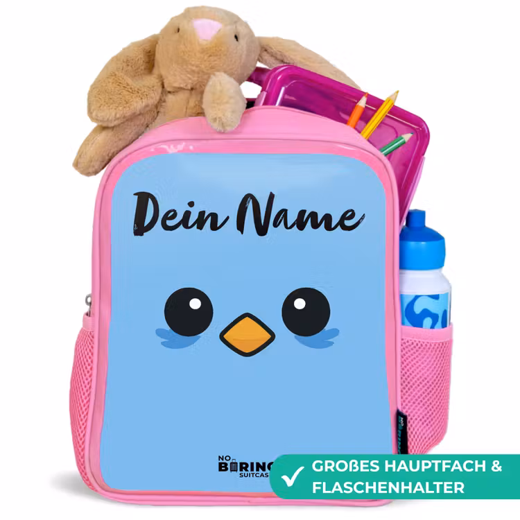 Kawai - Vogel - Blauw Kinderrugzak - Roze middel -inhoud_DE