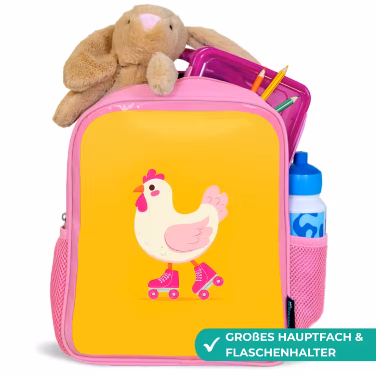 Kip - Rolschaatsen - Geel Kinderrugzak - Roze middel -inhoud_DE