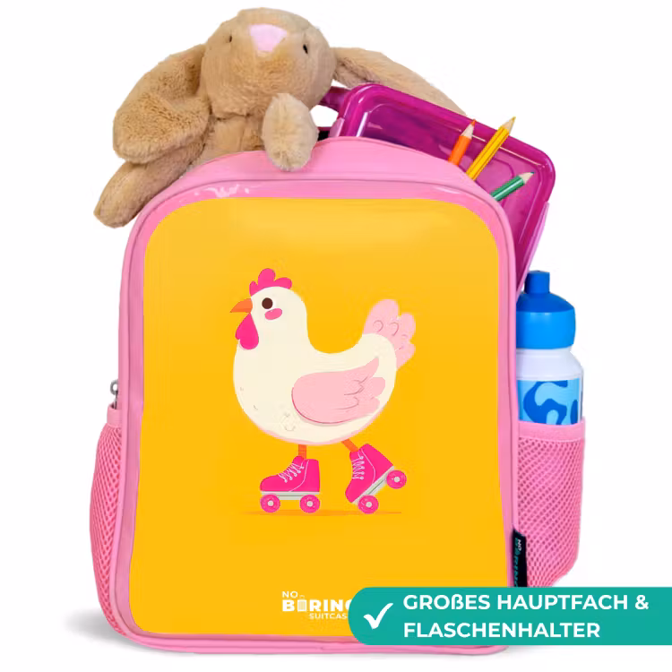 Kip - Rolschaatsen - Geel Kinderrugzak - Roze middel -inhoud_DE