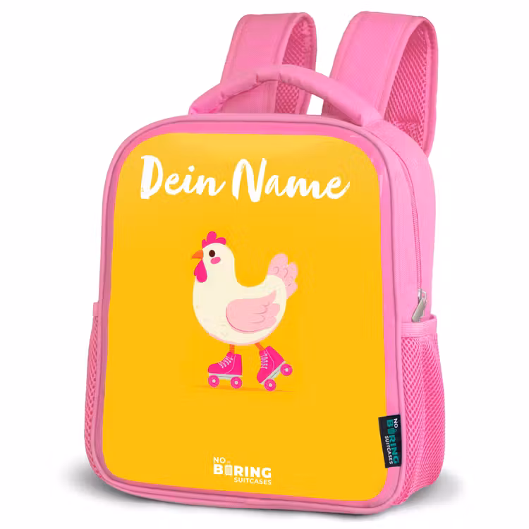 Kip - Rolschaatsen - Geel Kinderrugzak - Roze middel -schuin