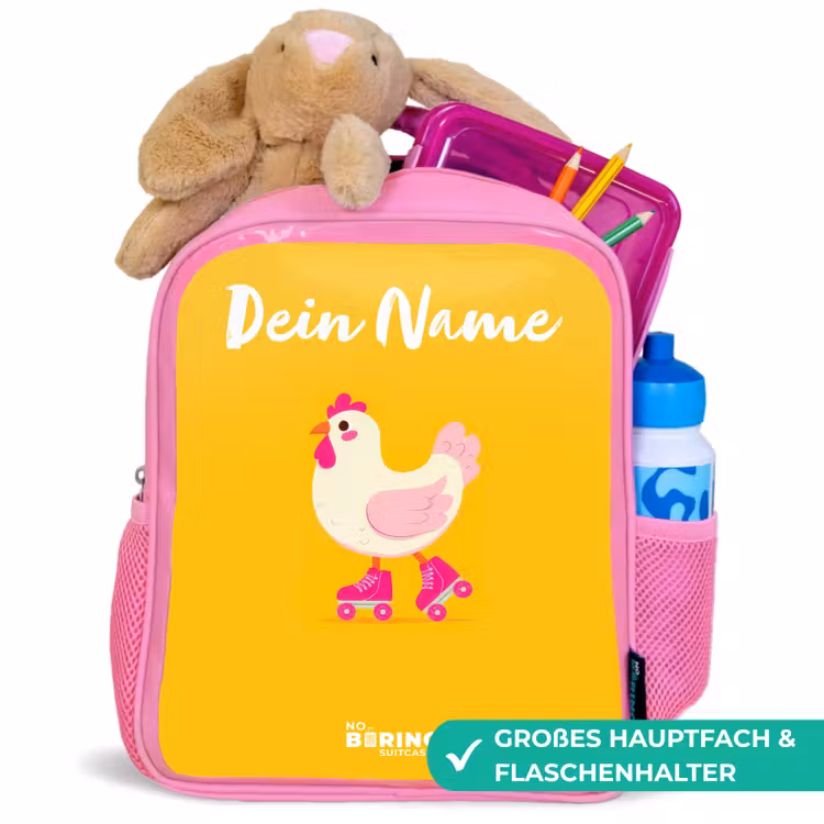 Kip - Rolschaatsen - Geel Kinderrugzak - Roze middel -inhoud_DE