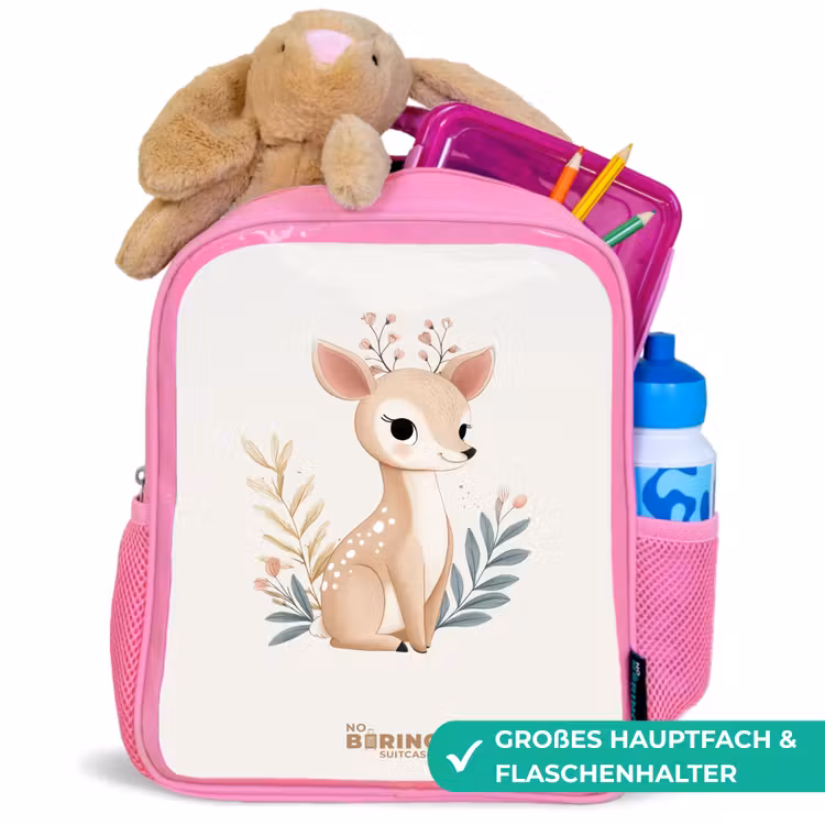 Hertje omringd door planten in beige tinten Kinderrugzak - Roze middel -inhoud_DE