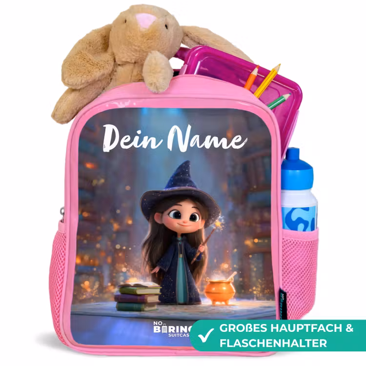 Kleine tovernares in bibliotheek Kinderrugzak - Roze middel -inhoud_DE