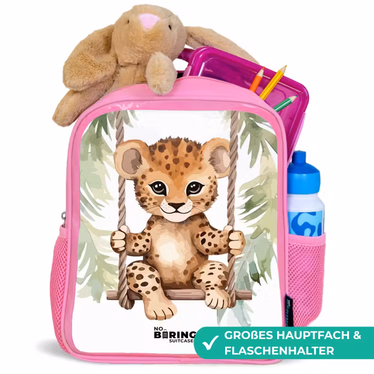 Luipaard welp op een schommel waterverf illustratie Kinderrugzak - Roze middel -inhoud_DE