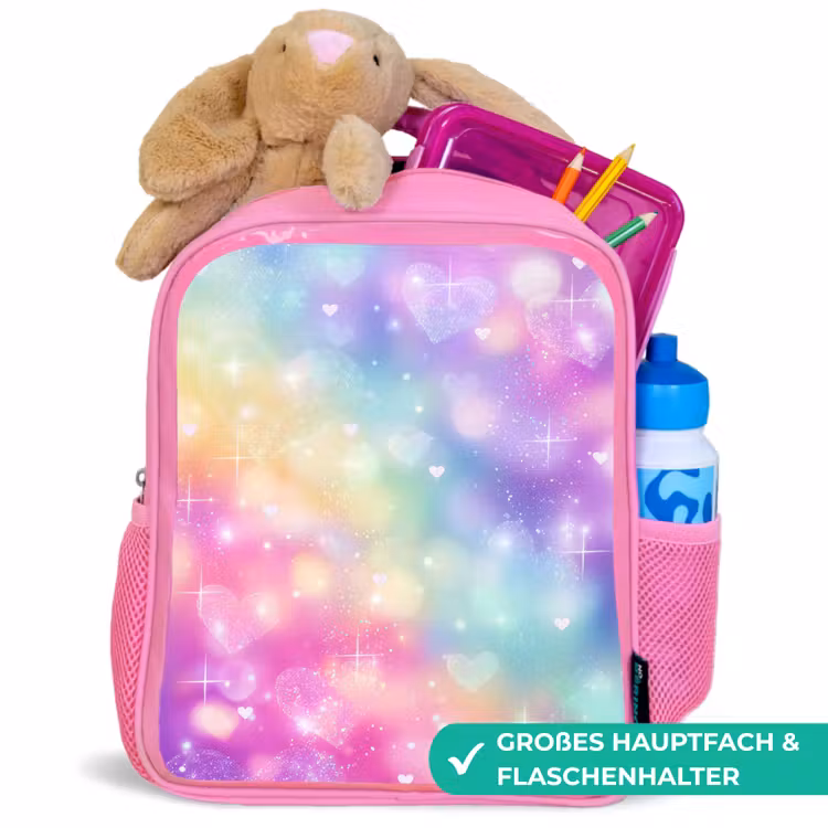 Licht - Regenboog - Hartjes Kinderrugzak - Roze middel -inhoud_DE