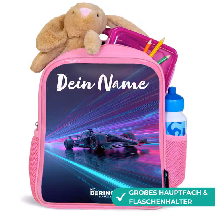 Lichtstralen - Neon - Racewagen - Paars Kinderrugzak - Roze middel -inhoud_DE