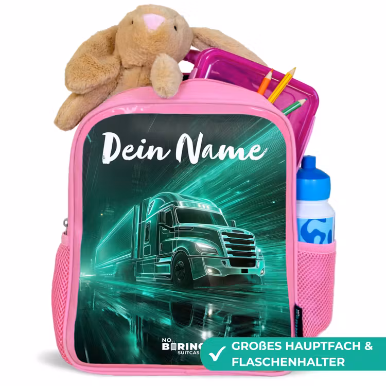 Vrachtwagen - Stad - Groen - Neon Kinderrugzak - Roze middel -inhoud_DE