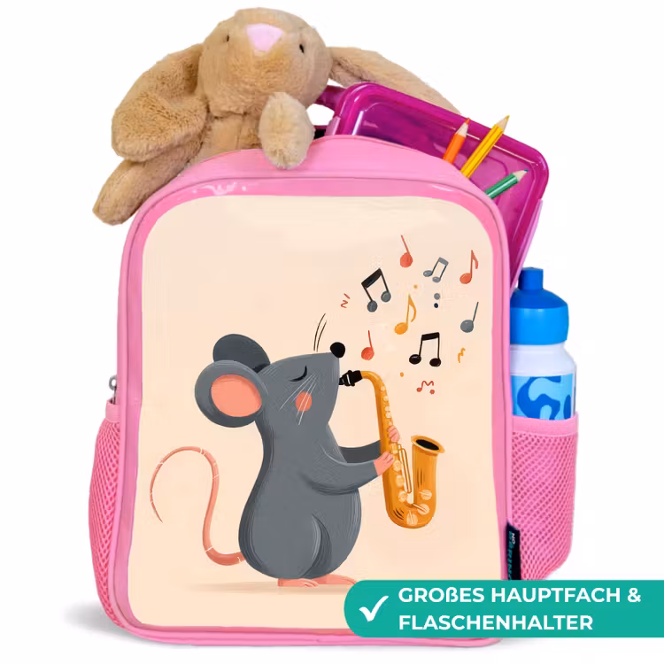 Muis - Saxofoon - Muzieknoten Kinderrugzak - Roze middel -inhoud_DE