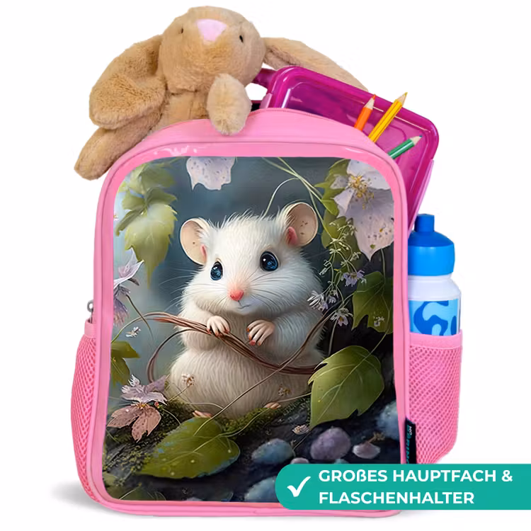 Muis - Bos - Bloemen - Illustratie - Bosdieren Kinderrugzak - Roze middel -inhoud_DE