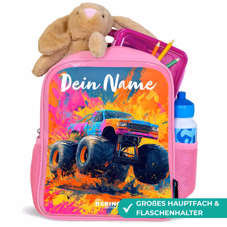 Monstertruck - Abstract - Verfspatten - Kleurrijk Kinderrugzak - Roze middel -inhoud_DE