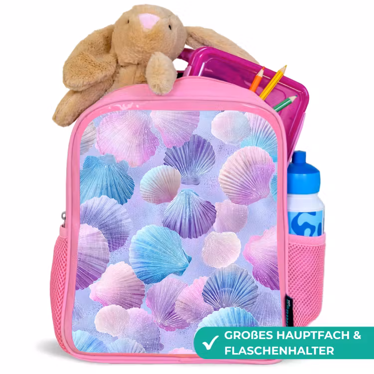 Schelpen - Paars - Blauw - Patroon Kinderrugzak - Roze middel -inhoud_DE
