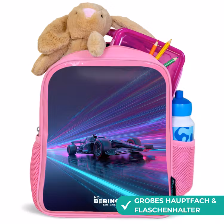 Neon - Raceauto - Lichtstrepen - Paars Kinderrugzak - Roze middel -inhoud_DE