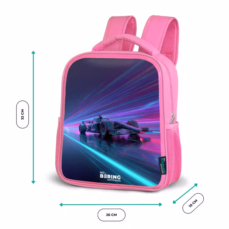 Neon - Raceauto - Lichtstrepen - Paars Kinderrugzak - Roze middel -productfoto_formaten