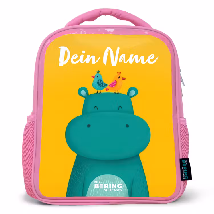 Nijlpaard - Vogels - Geel Kinderrugzak - Roze middel -3d