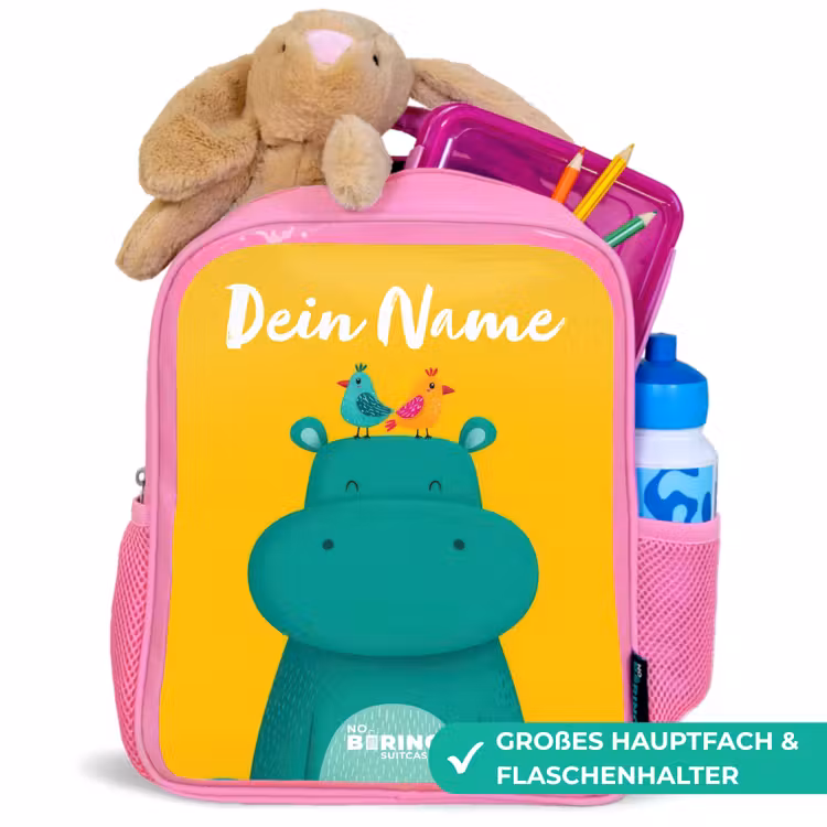 Nijlpaard - Vogels - Geel Kinderrugzak - Roze middel -inhoud_DE