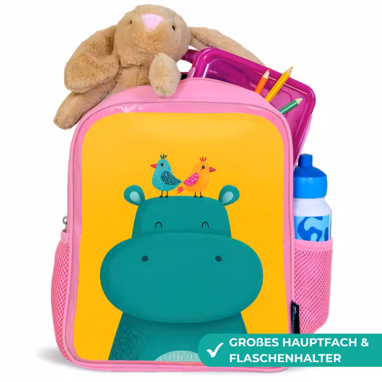 Nijlpaard - Vogels - Groen - Geel Kinderrugzak - Roze middel -inhoud_DE
