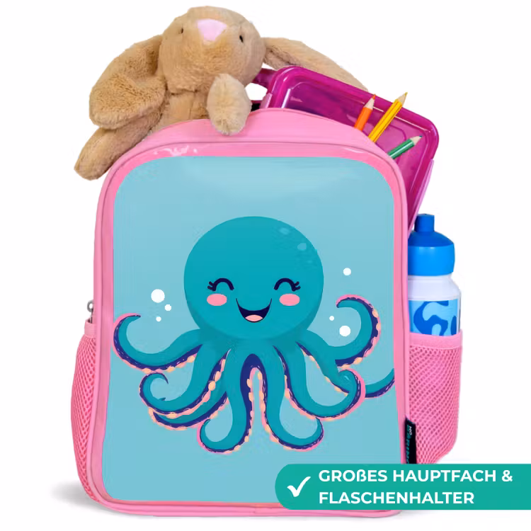 Octopus - Blauw - Gezicht Kinderrugzak - Roze middel -inhoud_DE