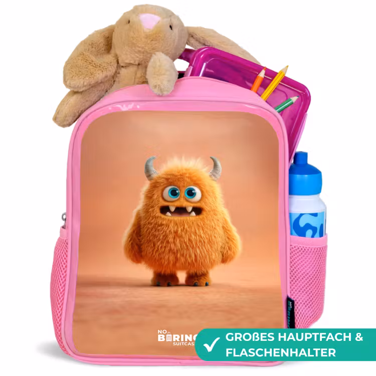 Oranje Pluizig Monster met Hoorns Kinderrugzak - Roze middel -inhoud_DE
