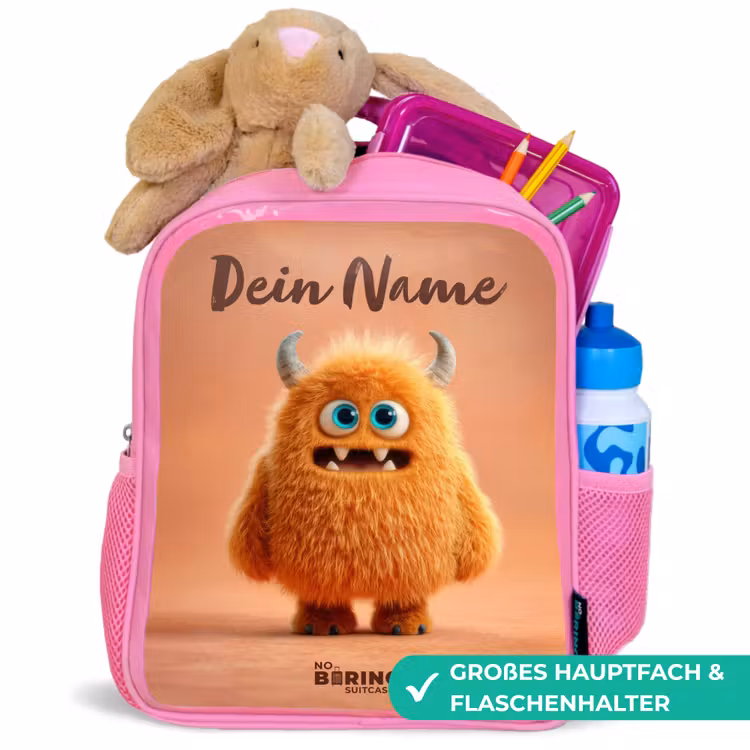 Oranje Pluizig Monster met Hoorns Kinderrugzak - Roze middel -inhoud_DE