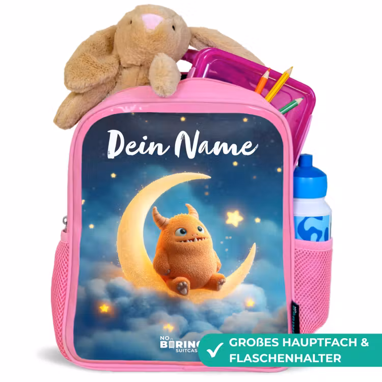Oranje monster op maansikkel Kinderrugzak - Roze middel -inhoud_DE