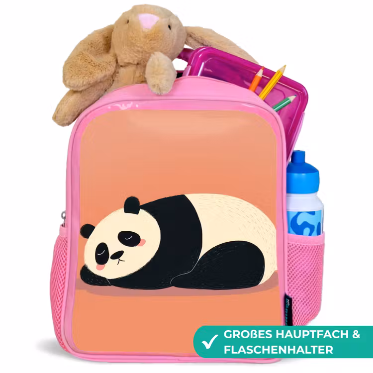 Panda - Slaap - Oranje Kinderrugzak - Roze middel -inhoud_DE