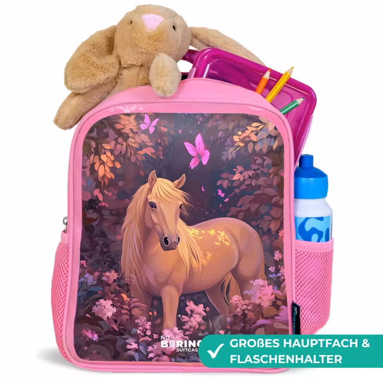 Paard - Bloemen - Paars - Vlinder Kinderrugzak - Roze middel -inhoud_DE