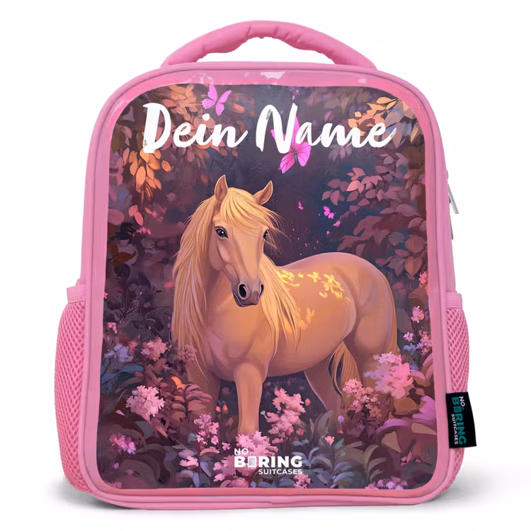 Paard - Bloemen - Paars - Vlinder Kinderrugzak - Roze middel -3d