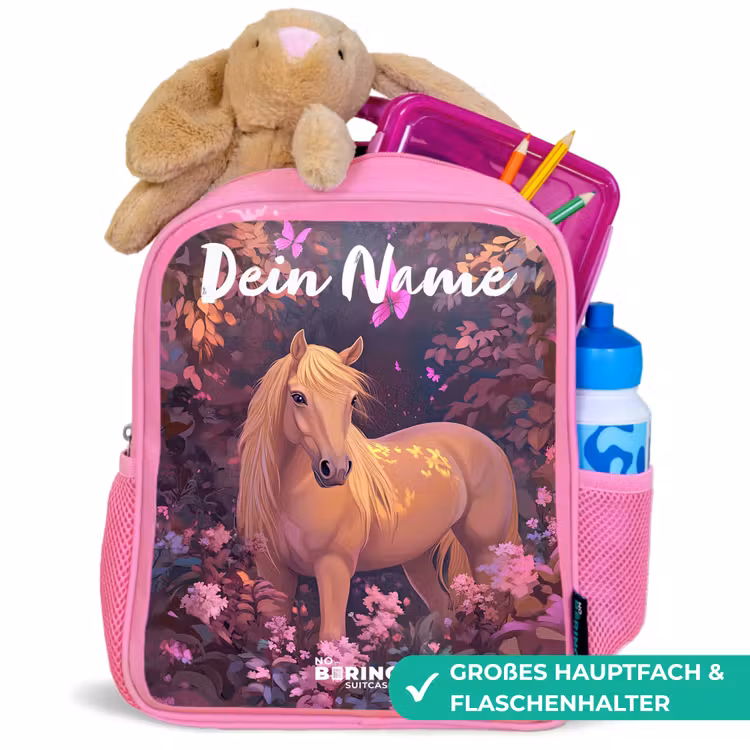 Paard - Bloemen - Paars - Vlinder Kinderrugzak - Roze middel -inhoud_DE