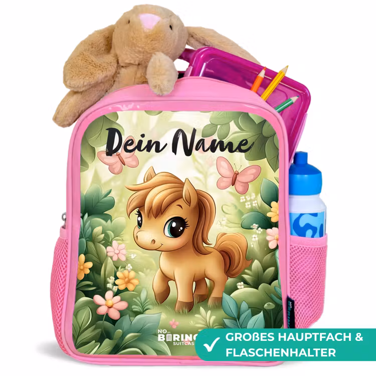 Paard - Bloemen - Vlinders Kinderrugzak - Roze middel -inhoud_DE
