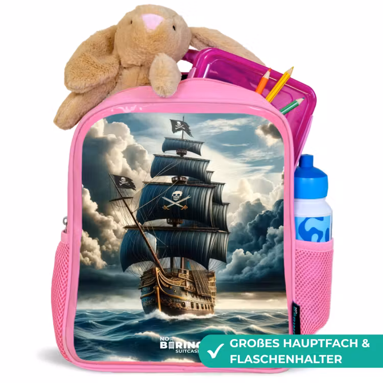 Piratenschip op een woeste zee Kinderrugzak - Roze middel -inhoud_DE