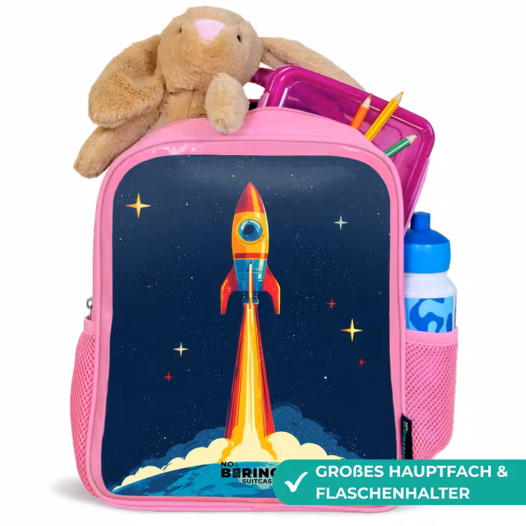 Planeet - Raket - Sterren - Donkerblauw Kinderrugzak - Roze middel -inhoud_DE