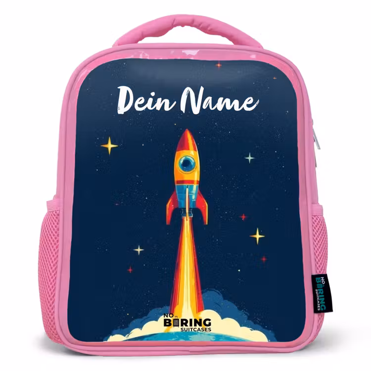 Planeet - Raket - Sterren - Donkerblauw Kinderrugzak - Roze middel -3d