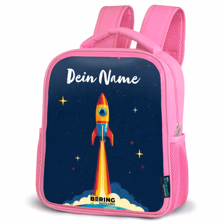Planeet - Raket - Sterren - Donkerblauw Kinderrugzak - Roze middel -schuin