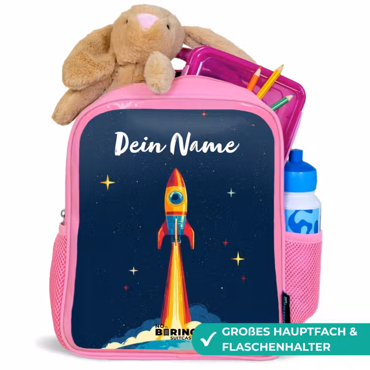 Planeet - Raket - Sterren - Donkerblauw Kinderrugzak - Roze middel -inhoud_DE