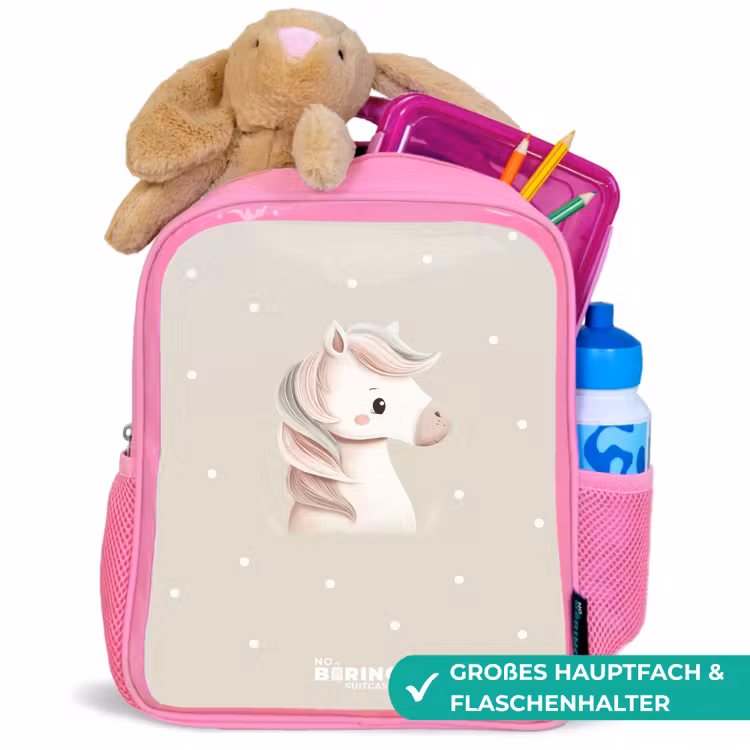 Pony omringd door stippen in beige kleuren Kinderrugzak - Roze middel -inhoud_DE