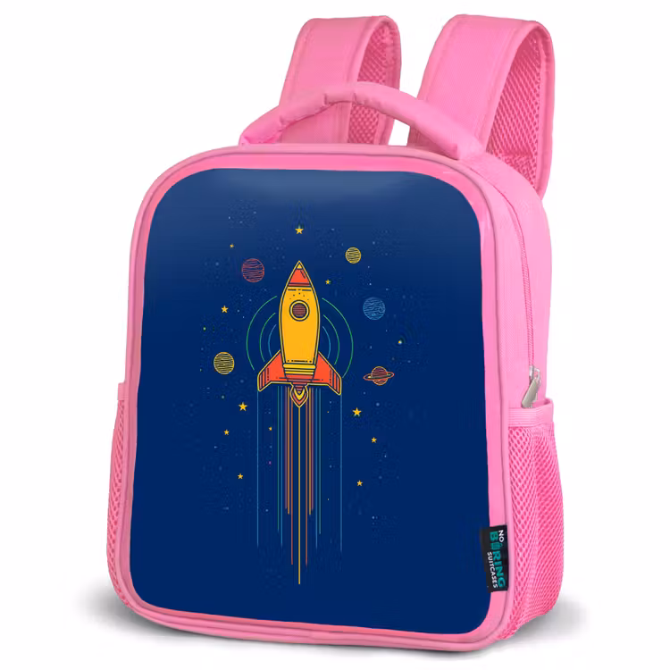 Raket - Blauw - Sterren Kinderrugzak - Roze middel -schuin